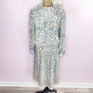 Vintage Shrader Sport Paisley Floral Knife Pleat Midi Skirt Set Cream Multi 6P